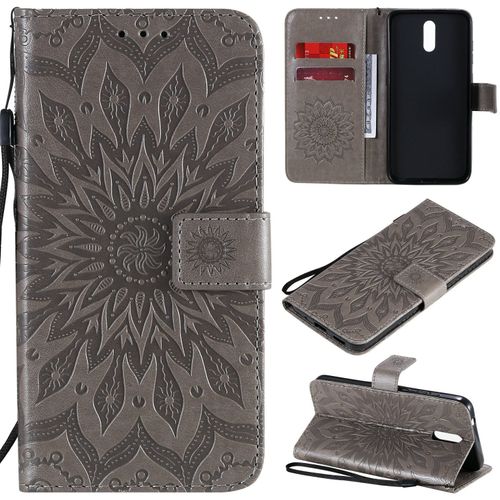 Saturcase Coque Pour Nokia 2.3, Fleur Du Soleil Gaufrage Pu Cuir Magnétique Flip Portefeuille Support Porte-Carte Protecteur Housse Étui Avec Dragonne (Gris)