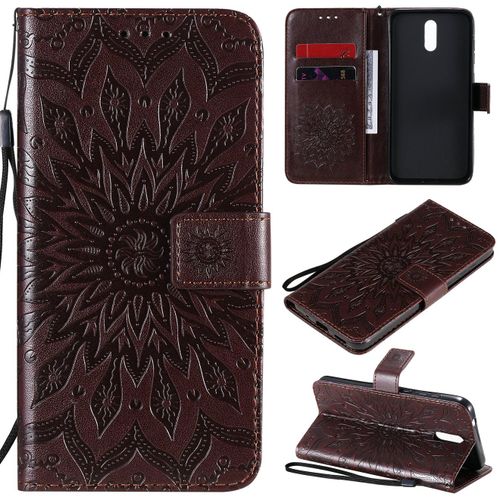 Saturcase Coque Pour Nokia 2.3, Fleur Du Soleil Gaufrage Pu Cuir Magnétique Flip Portefeuille Support Porte-Carte Protecteur Housse Étui Avec Dragonne (Marron)