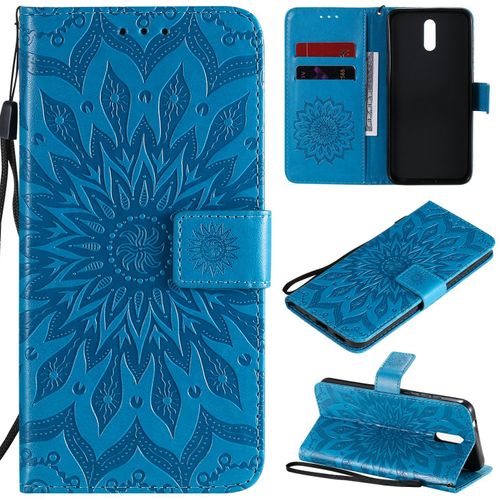 Saturcase Coque Pour Nokia 2.3, Fleur Du Soleil Gaufrage Pu Cuir Magnétique Flip Portefeuille Support Porte-Carte Protecteur Housse Étui Avec Dragonne (Bleu)