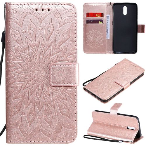 Saturcase Coque Pour Nokia 2.3, Fleur Du Soleil Gaufrage Pu Cuir Magnétique Flip Portefeuille Support Porte-Carte Protecteur Housse Étui Avec Dragonne (Or Rose)
