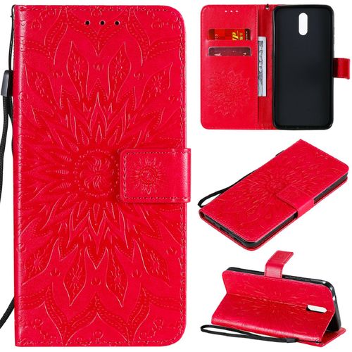 Saturcase Coque Pour Nokia 2.3, Fleur Du Soleil Gaufrage Pu Cuir Magnétique Flip Portefeuille Support Porte-Carte Protecteur Housse Étui Avec Dragonne (Rouge)