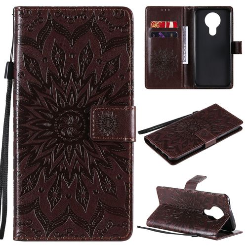 Saturcase Coque Pour Nokia 3.4, Fleur Du Soleil Gaufrage Pu Cuir Magnétique Flip Portefeuille Support Porte-Carte Protecteur Housse Étui Avec Dragonne (Marron)