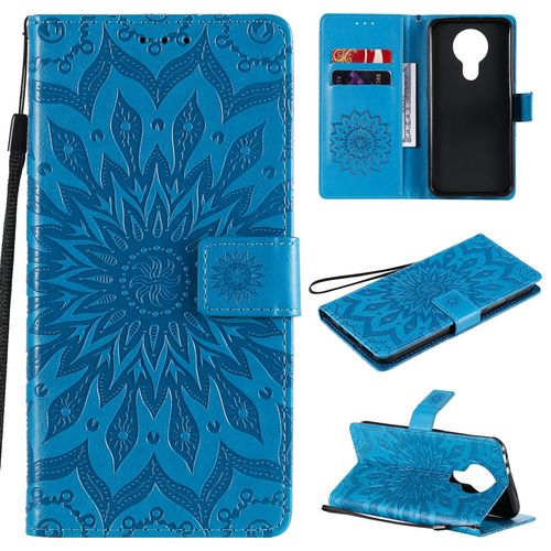 Saturcase Coque Pour Nokia 3.4, Fleur Du Soleil Gaufrage Pu Cuir Magnétique Flip Portefeuille Support Porte-Carte Protecteur Housse Étui Avec Dragonne (Bleu)