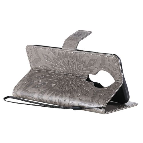Saturcase Coque Pour Nokia 3.4, Fleur Du Soleil Gaufrage Pu Cuir Magnétique Flip Portefeuille Support Porte-Carte Protecteur Housse Étui Avec Dragonne (Gris)