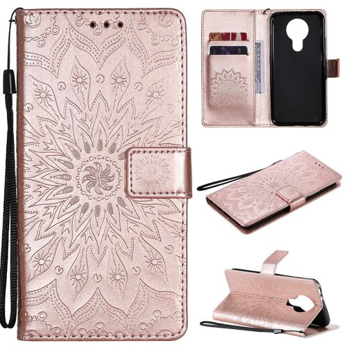 Saturcase Coque Pour Nokia 3.4, Fleur Du Soleil Gaufrage Pu Cuir Magnétique Flip Portefeuille Support Porte-Carte Protecteur Housse Étui Avec Dragonne (Or Rose)