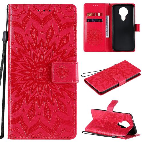 Saturcase Coque Pour Nokia 3.4, Fleur Du Soleil Gaufrage Pu Cuir Magnétique Flip Portefeuille Support Porte-Carte Protecteur Housse Étui Avec Dragonne (Rouge)