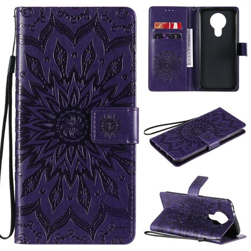 Saturcase Coque Pour Nokia 3.4, Fleur Du Soleil Gaufrage Pu Cuir Magnétique Flip Portefeuille Support Porte-Carte Protecteur Housse Étui Avec Dragonne (Violet)