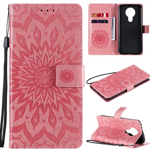 Saturcase Coque Pour Nokia 3.4, Fleur Du Soleil Gaufrage Pu Cuir Magnétique Flip Portefeuille Support Porte-Carte Protecteur Housse Étui Avec Dragonne (Pink)