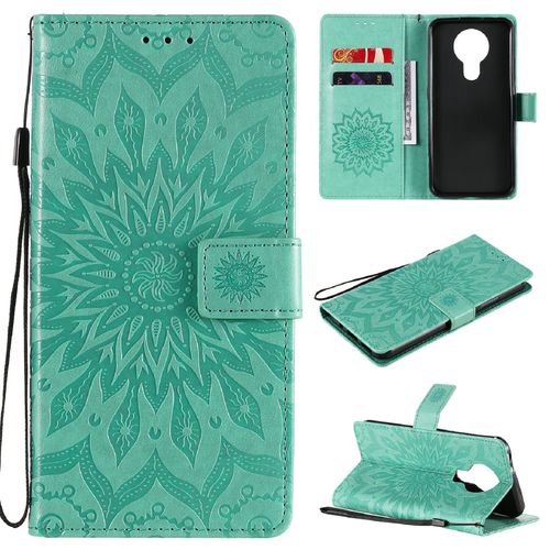 Saturcase Coque Pour Nokia 3.4, Fleur Du Soleil Gaufrage Pu Cuir Magnétique Flip Portefeuille Support Porte-Carte Protecteur Housse Étui Avec Dragonne (Vert)