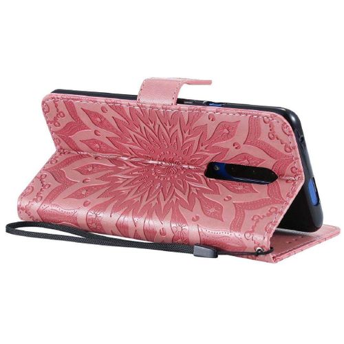 Saturcase Coque Pour Oneplus 7 Pro / 7t Pro, Fleur Du Soleil Gaufrage Pu Cuir Magnétique Flip Portefeuille Support Porte-Carte Protecteur Housse Étui Avec Dragonne (Pink)