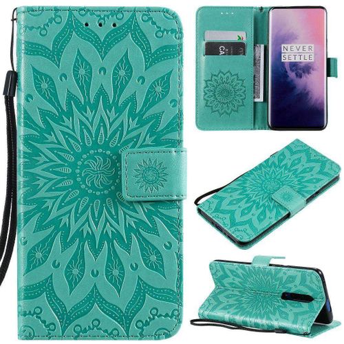 Saturcase Coque Pour Oneplus 7 Pro / 7t Pro, Fleur Du Soleil Gaufrage Pu Cuir Magnétique Flip Portefeuille Support Porte-Carte Protecteur Housse Étui Avec Dragonne (Vert)