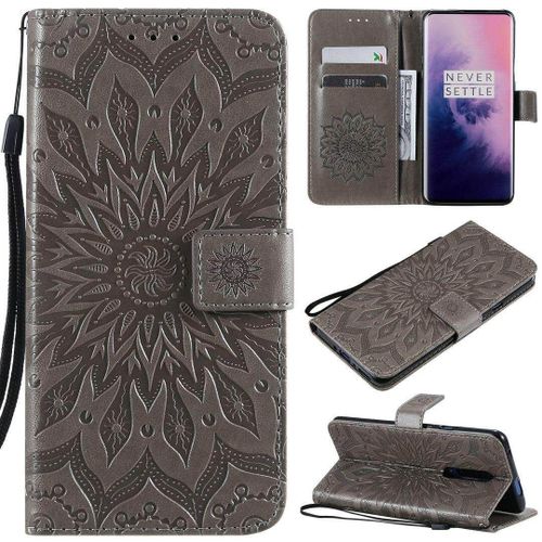 Saturcase Coque Pour Oneplus 7 Pro / 7t Pro, Fleur Du Soleil Gaufrage Pu Cuir Magnétique Flip Portefeuille Support Porte-Carte Protecteur Housse Étui Avec Dragonne (Gris)