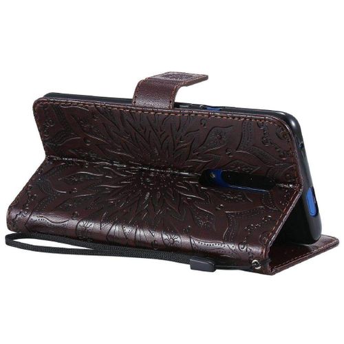 Saturcase Coque Pour Oneplus 7 Pro / 7t Pro, Fleur Du Soleil Gaufrage Pu Cuir Magnétique Flip Portefeuille Support Porte-Carte Protecteur Housse Étui Avec Dragonne (Marron)
