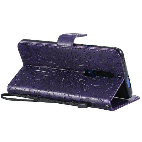 Saturcase Coque Pour Oneplus 7 Pro / 7t Pro, Fleur Du Soleil Gaufrage Pu Cuir Magnétique Flip Portefeuille Support Porte-Carte Protecteur Housse Étui Avec Dragonne (Violet)