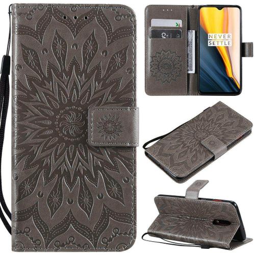 Saturcase Coque Pour Oneplus 7 / Oneplus 6t, Fleur Du Soleil Gaufrage Pu Cuir Magnétique Flip Portefeuille Support Porte-Carte Protecteur Housse Étui Avec Dragonne (Gris)