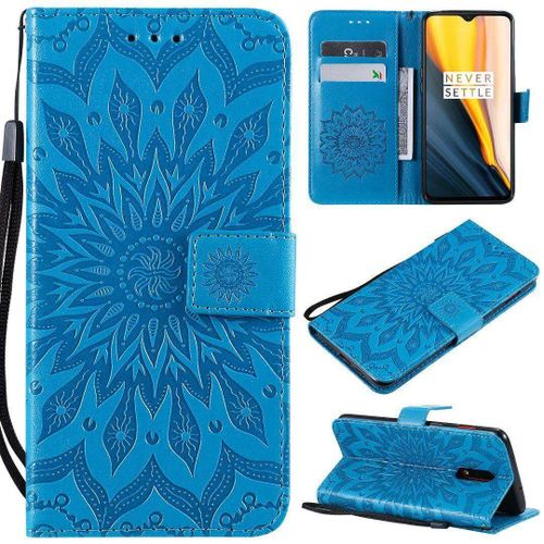 Saturcase Coque Pour Oneplus 7 / Oneplus 6t, Fleur Du Soleil Gaufrage Pu Cuir Magnétique Flip Portefeuille Support Porte-Carte Protecteur Housse Étui Avec Dragonne (Bleu)