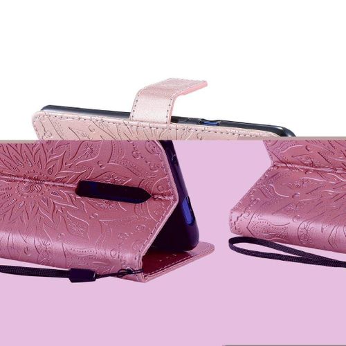 Saturcase Coque Pour Oneplus 7 Pro / 7t Pro, Fleur Du Soleil Gaufrage Pu Cuir Magnétique Flip Portefeuille Support Porte-Carte Protecteur Housse Étui Avec Dragonne (Or Rose)