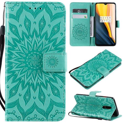 Saturcase Coque Pour Oneplus 7 / Oneplus 6t, Fleur Du Soleil Gaufrage Pu Cuir Magnétique Flip Portefeuille Support Porte-Carte Protecteur Housse Étui Avec Dragonne (Vert)