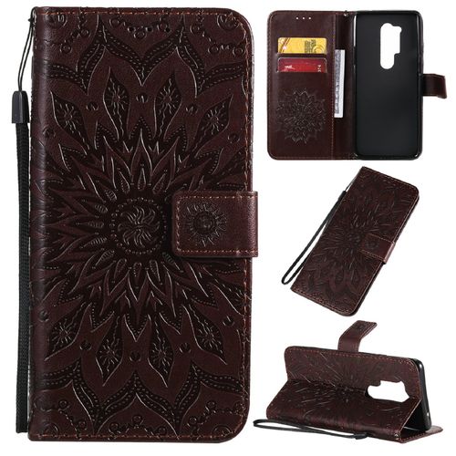 Saturcase Coque Pour Oneplus 8 Pro, Fleur Du Soleil Gaufrage Pu Cuir Magnétique Flip Portefeuille Support Porte-Carte Protecteur Housse Étui Avec Dragonne (Marron)