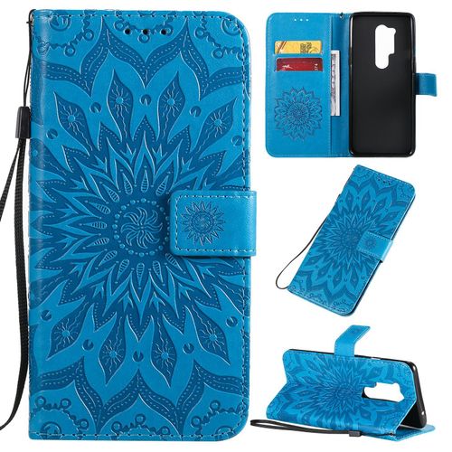 Saturcase Coque Pour Oneplus 8 Pro, Fleur Du Soleil Gaufrage Pu Cuir Magnétique Flip Portefeuille Support Porte-Carte Protecteur Housse Étui Avec Dragonne (Bleu)