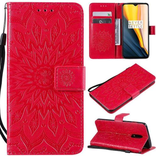 Saturcase Coque Pour Oneplus 7 / Oneplus 6t, Fleur Du Soleil Gaufrage Pu Cuir Magnétique Flip Portefeuille Support Porte-Carte Protecteur Housse Étui Avec Dragonne (Rouge)