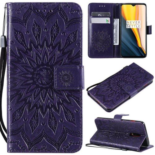 Saturcase Coque Pour Oneplus 7 / Oneplus 6t, Fleur Du Soleil Gaufrage Pu Cuir Magnétique Flip Portefeuille Support Porte-Carte Protecteur Housse Étui Avec Dragonne (Violet)