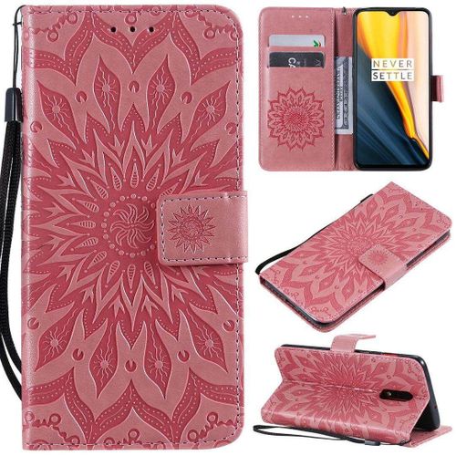Saturcase Coque Pour Oneplus 7 / Oneplus 6t, Fleur Du Soleil Gaufrage Pu Cuir Magnétique Flip Portefeuille Support Porte-Carte Protecteur Housse Étui Avec Dragonne (Pink)