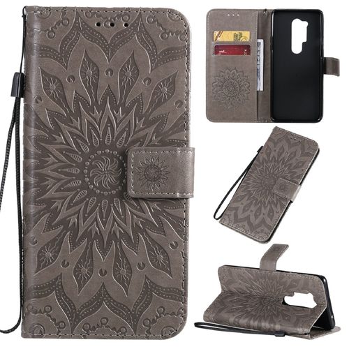 Saturcase Coque Pour Oneplus 8 Pro, Fleur Du Soleil Gaufrage Pu Cuir Magnétique Flip Portefeuille Support Porte-Carte Protecteur Housse Étui Avec Dragonne (Gris)