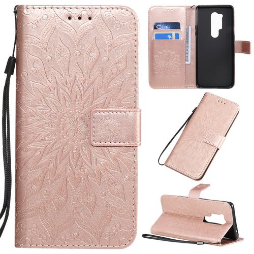 Saturcase Coque Pour Oneplus 8 Pro, Fleur Du Soleil Gaufrage Pu Cuir Magnétique Flip Portefeuille Support Porte-Carte Protecteur Housse Étui Avec Dragonne (Or Rose)