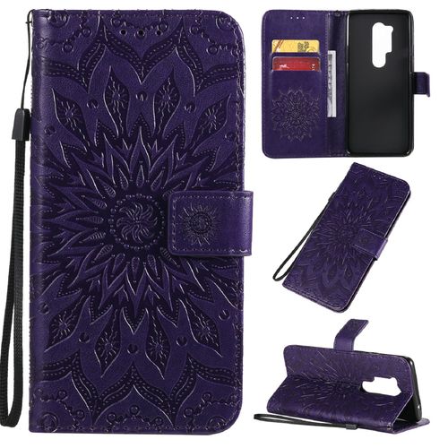 Saturcase Coque Pour Oneplus 8 Pro, Fleur Du Soleil Gaufrage Pu Cuir Magnétique Flip Portefeuille Support Porte-Carte Protecteur Housse Étui Avec Dragonne (Violet)