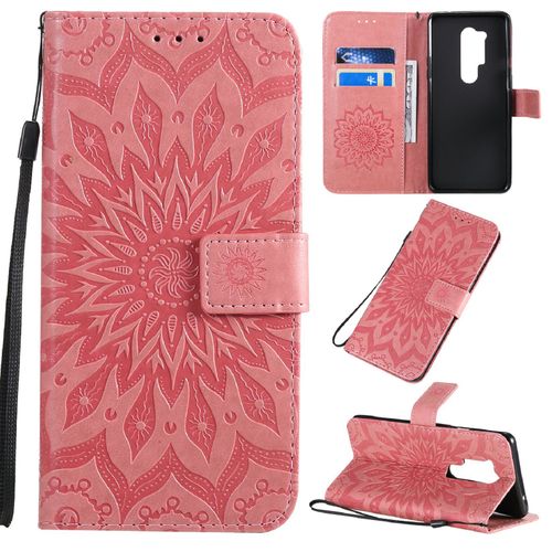 Saturcase Coque Pour Oneplus 8 Pro, Fleur Du Soleil Gaufrage Pu Cuir Magnétique Flip Portefeuille Support Porte-Carte Protecteur Housse Étui Avec Dragonne (Pink)