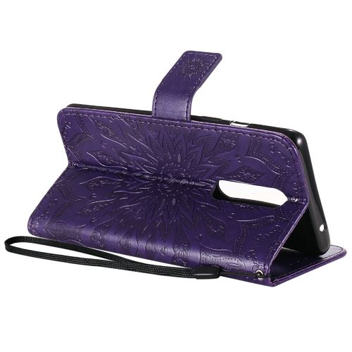 Saturcase Coque Pour Oneplus 8, Fleur Du Soleil Gaufrage Pu Cuir Magnétique Flip Portefeuille Support Porte-Carte Protecteur Housse Étui Avec Dragonne (Violet)