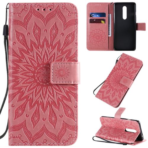 Saturcase Coque Pour Oneplus 8, Fleur Du Soleil Gaufrage Pu Cuir Magnétique Flip Portefeuille Support Porte-Carte Protecteur Housse Étui Avec Dragonne (Pink)