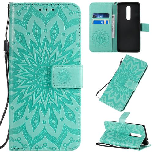 Saturcase Coque Pour Oneplus 8, Fleur Du Soleil Gaufrage Pu Cuir Magnétique Flip Portefeuille Support Porte-Carte Protecteur Housse Étui Avec Dragonne (Vert)