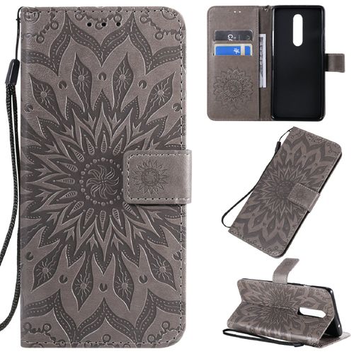 Saturcase Coque Pour Oneplus 8, Fleur Du Soleil Gaufrage Pu Cuir Magnétique Flip Portefeuille Support Porte-Carte Protecteur Housse Étui Avec Dragonne (Gris)