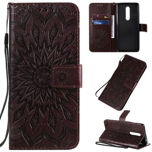 Saturcase Coque Pour Oneplus 8, Fleur Du Soleil Gaufrage Pu Cuir Magnétique Flip Portefeuille Support Porte-Carte Protecteur Housse Étui Avec Dragonne (Marron)