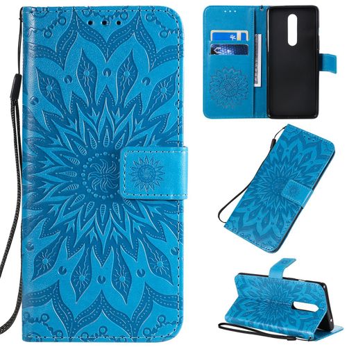 Saturcase Coque Pour Oneplus 8, Fleur Du Soleil Gaufrage Pu Cuir Magnétique Flip Portefeuille Support Porte-Carte Protecteur Housse Étui Avec Dragonne (Bleu)