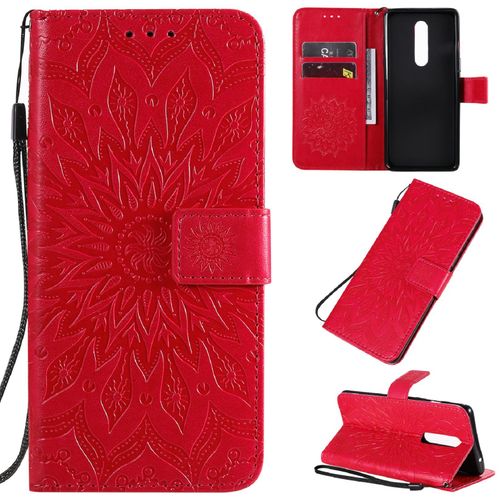 Saturcase Coque Pour Oneplus 8, Fleur Du Soleil Gaufrage Pu Cuir Magnétique Flip Portefeuille Support Porte-Carte Protecteur Housse Étui Avec Dragonne (Rouge)