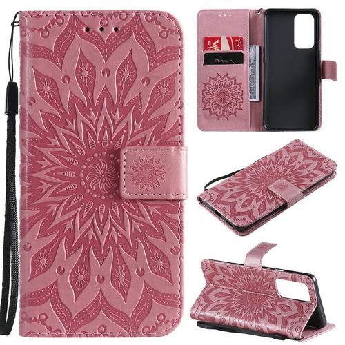 Saturcase Coque Pour Oneplus 9 Pro, Fleur Du Soleil Gaufrage Pu Cuir Magnétique Flip Portefeuille Support Porte-Carte Protecteur Housse Étui Avec Dragonne (Pink)