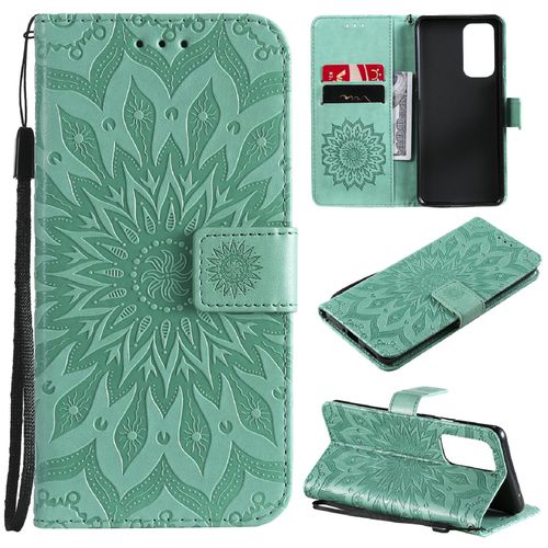 Saturcase Coque Pour Oneplus 9 Pro, Fleur Du Soleil Gaufrage Pu Cuir Magnétique Flip Portefeuille Support Porte-Carte Protecteur Housse Étui Avec Dragonne (Vert)