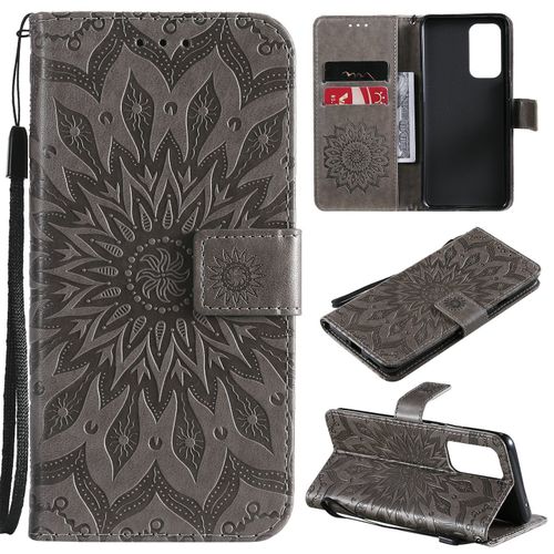 Saturcase Coque Pour Oneplus 9 Pro, Fleur Du Soleil Gaufrage Pu Cuir Magnétique Flip Portefeuille Support Porte-Carte Protecteur Housse Étui Avec Dragonne (Gris)