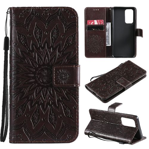 Saturcase Coque Pour Oneplus 9 Pro, Fleur Du Soleil Gaufrage Pu Cuir Magnétique Flip Portefeuille Support Porte-Carte Protecteur Housse Étui Avec Dragonne (Marron)
