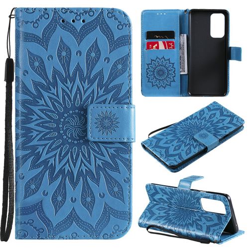 Saturcase Coque Pour Oneplus 9 Pro, Fleur Du Soleil Gaufrage Pu Cuir Magnétique Flip Portefeuille Support Porte-Carte Protecteur Housse Étui Avec Dragonne (Bleu)