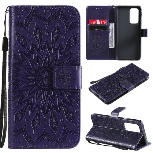 Saturcase Coque Pour Oneplus 9 Pro, Fleur Du Soleil Gaufrage Pu Cuir Magnétique Flip Portefeuille Support Porte-Carte Protecteur Housse Étui Avec Dragonne (Violet)
