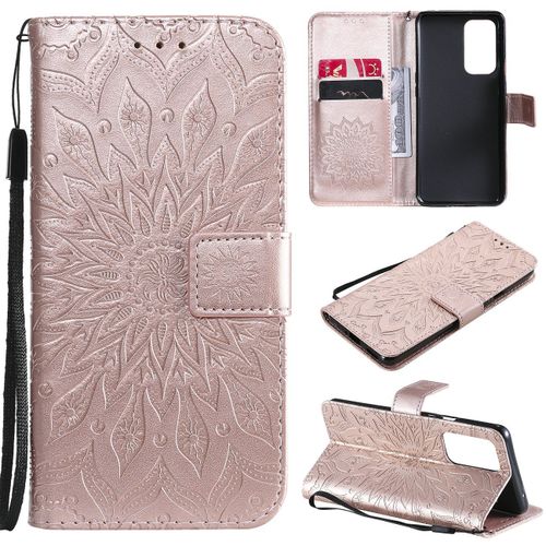 Saturcase Coque Pour Oneplus 9 Pro, Fleur Du Soleil Gaufrage Pu Cuir Magnétique Flip Portefeuille Support Porte-Carte Protecteur Housse Étui Avec Dragonne (Or Rose)