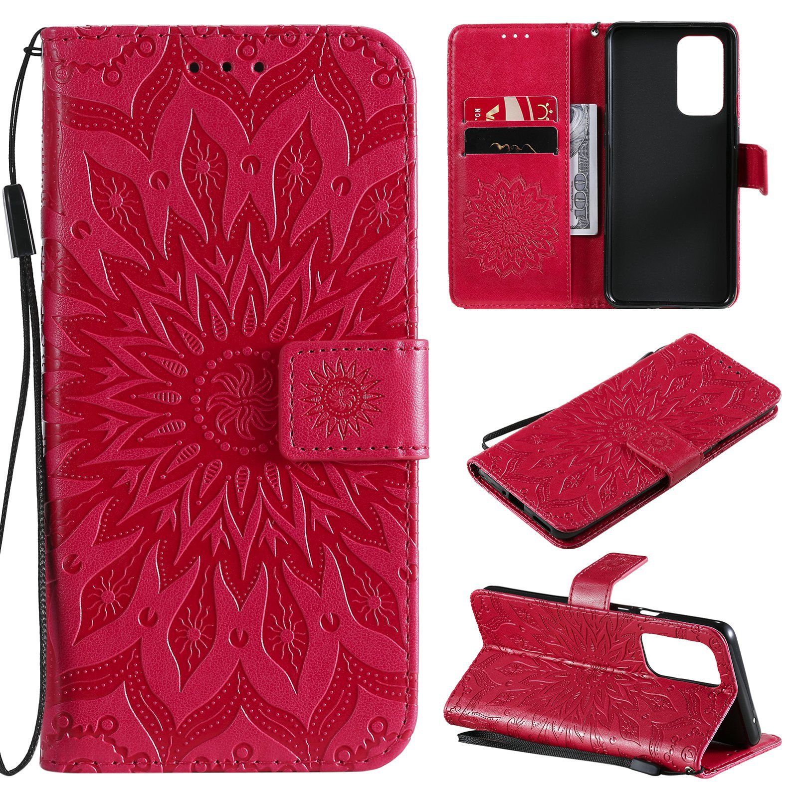 Saturcase Coque Pour Oneplus 9 Pro, Fleur Du Soleil Gaufrage Pu Cuir Magnétique Flip Portefeuille Support Porte-Carte Protecteur Housse Étui Avec Dragonne (Rouge)