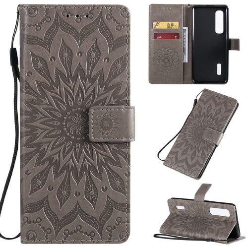 Saturcase Coque Pour Oppo Find X2 Pro, Fleur Du Soleil Gaufrage Pu Cuir Magnétique Flip Portefeuille Support Porte-Carte Protecteur Housse Étui Avec Dragonne (Gris)