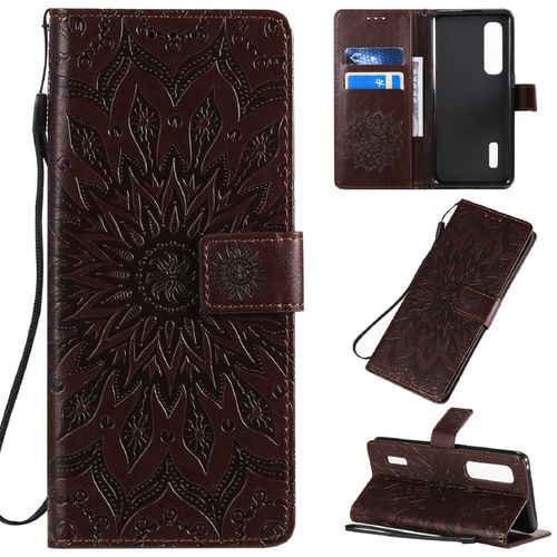Saturcase Coque Pour Oppo Find X2 Pro, Fleur Du Soleil Gaufrage Pu Cuir Magnétique Flip Portefeuille Support Porte-Carte Protecteur Housse Étui Avec Dragonne (Marron)
