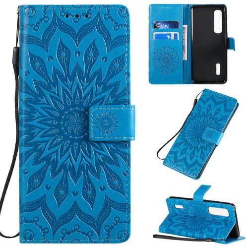 Saturcase Coque Pour Oppo Find X2 Pro, Fleur Du Soleil Gaufrage Pu Cuir Magnétique Flip Portefeuille Support Porte-Carte Protecteur Housse Étui Avec Dragonne (Bleu)