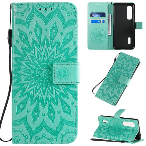 Saturcase Coque Pour Oppo Find X2 Pro, Fleur Du Soleil Gaufrage Pu Cuir Magnétique Flip Portefeuille Support Porte-Carte Protecteur Housse Étui Avec Dragonne (Vert)